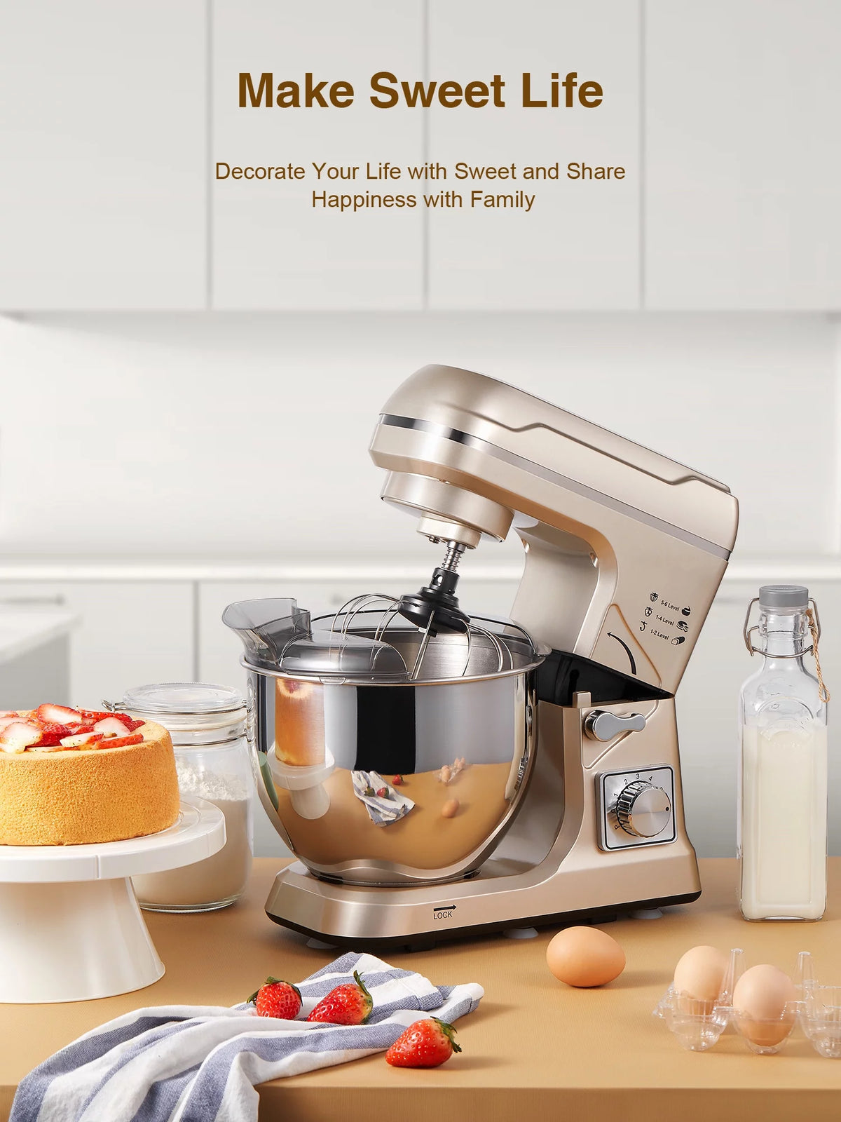 5.5QT Tilt-Head Stand Mixer with Dough Hook, Whisk & Beater, Gold Y234469