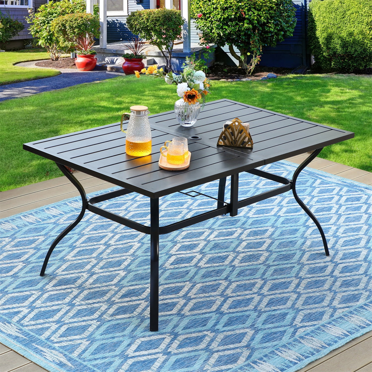 7-Piece Outdoor Patio Dining Set with Metal Table and 6 Rattan Cushioned Chairs R280339