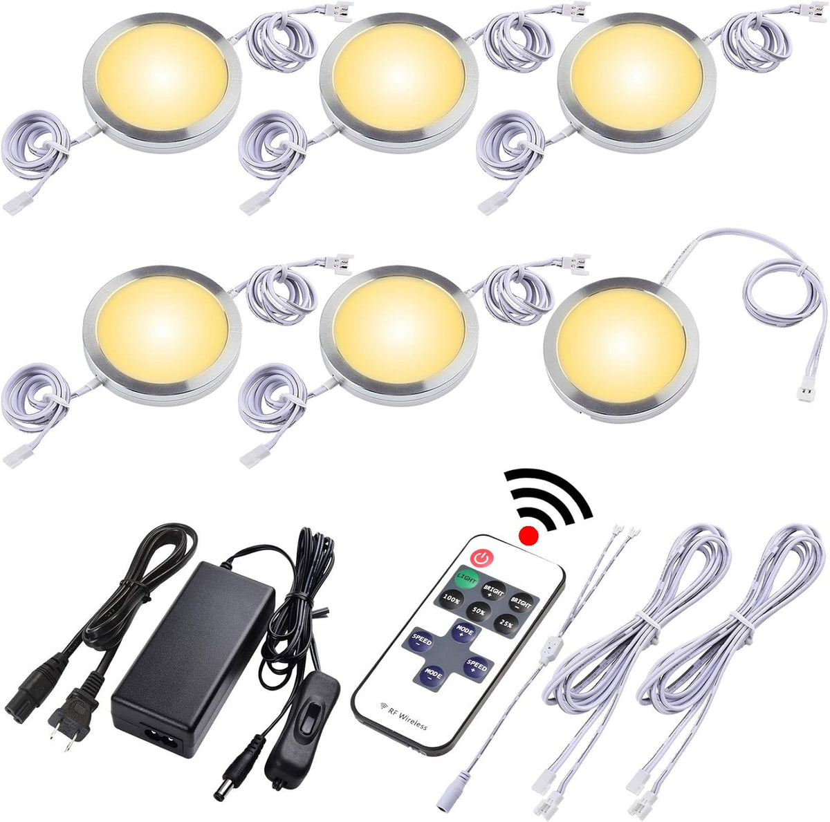 Under Cabinet LED Puck Lights, Dimmable Wireless RF Remote Control, Linkable Wired, AC120V to DC12V, Hardwired or Wall Plug, 14 Lights, Warm White M356304