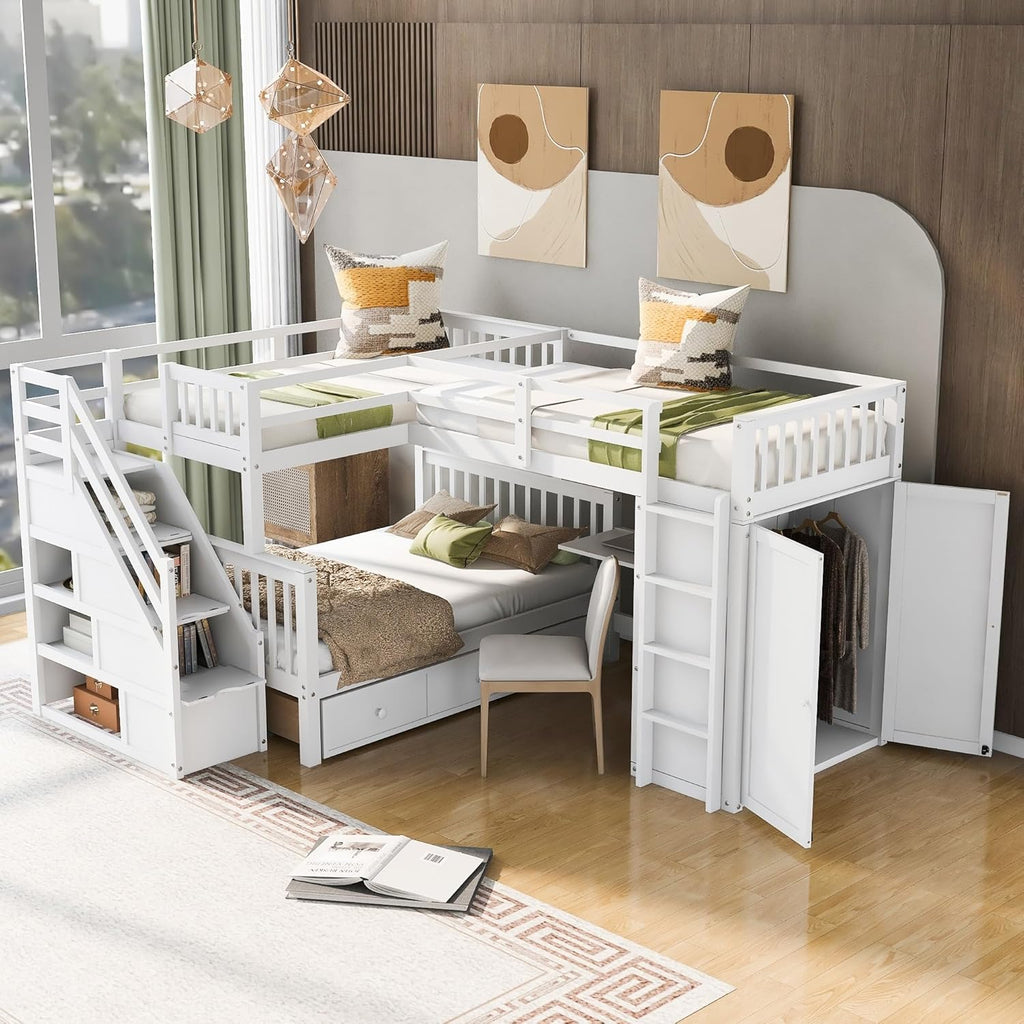 White Solid Wood L-Shaped Bunk Bed with 3 Drawers Wardrobe and Desk M67238