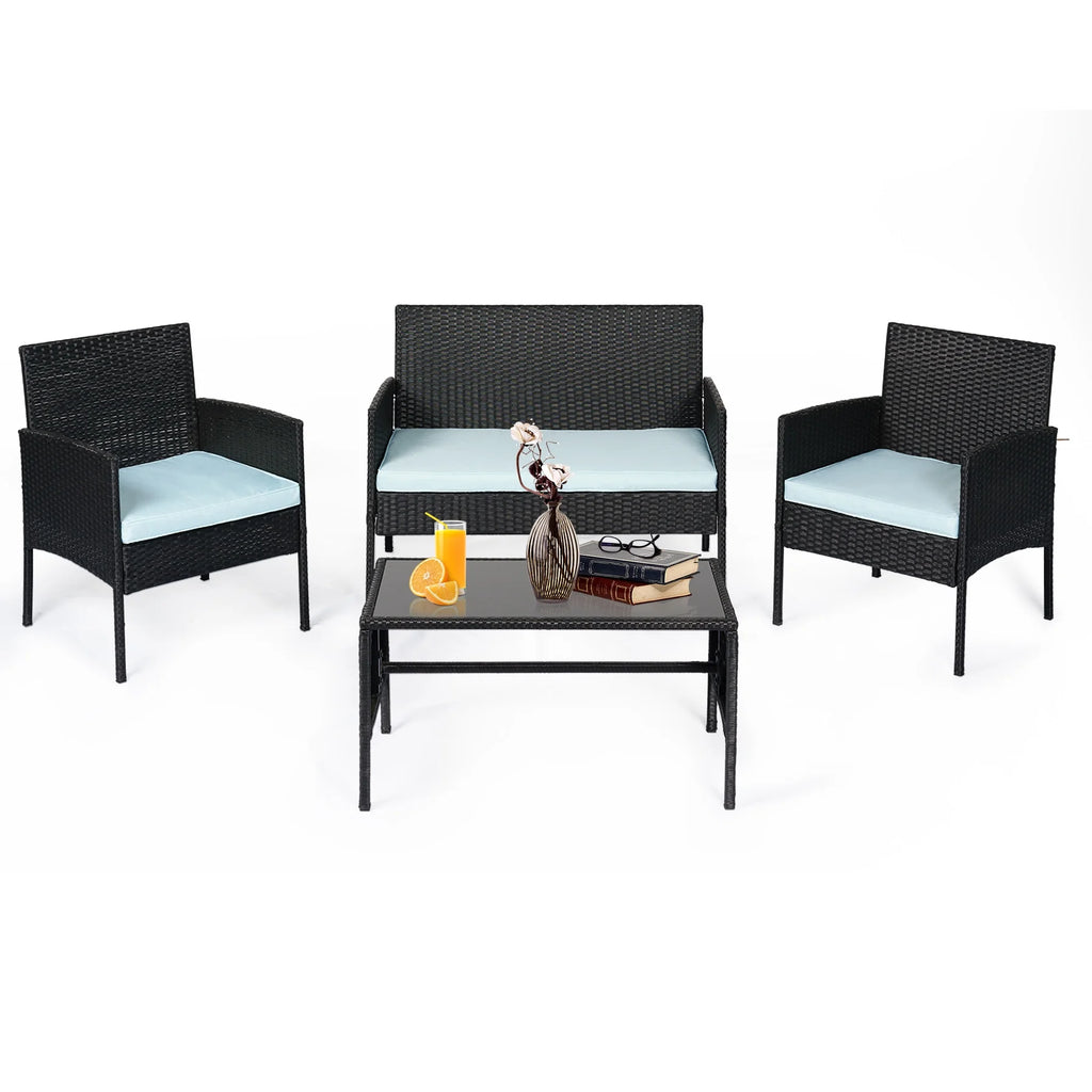 4 Piece Wicker Patio Conversation Set with Glass-Top Coffee Table & Gray Cushions V7590