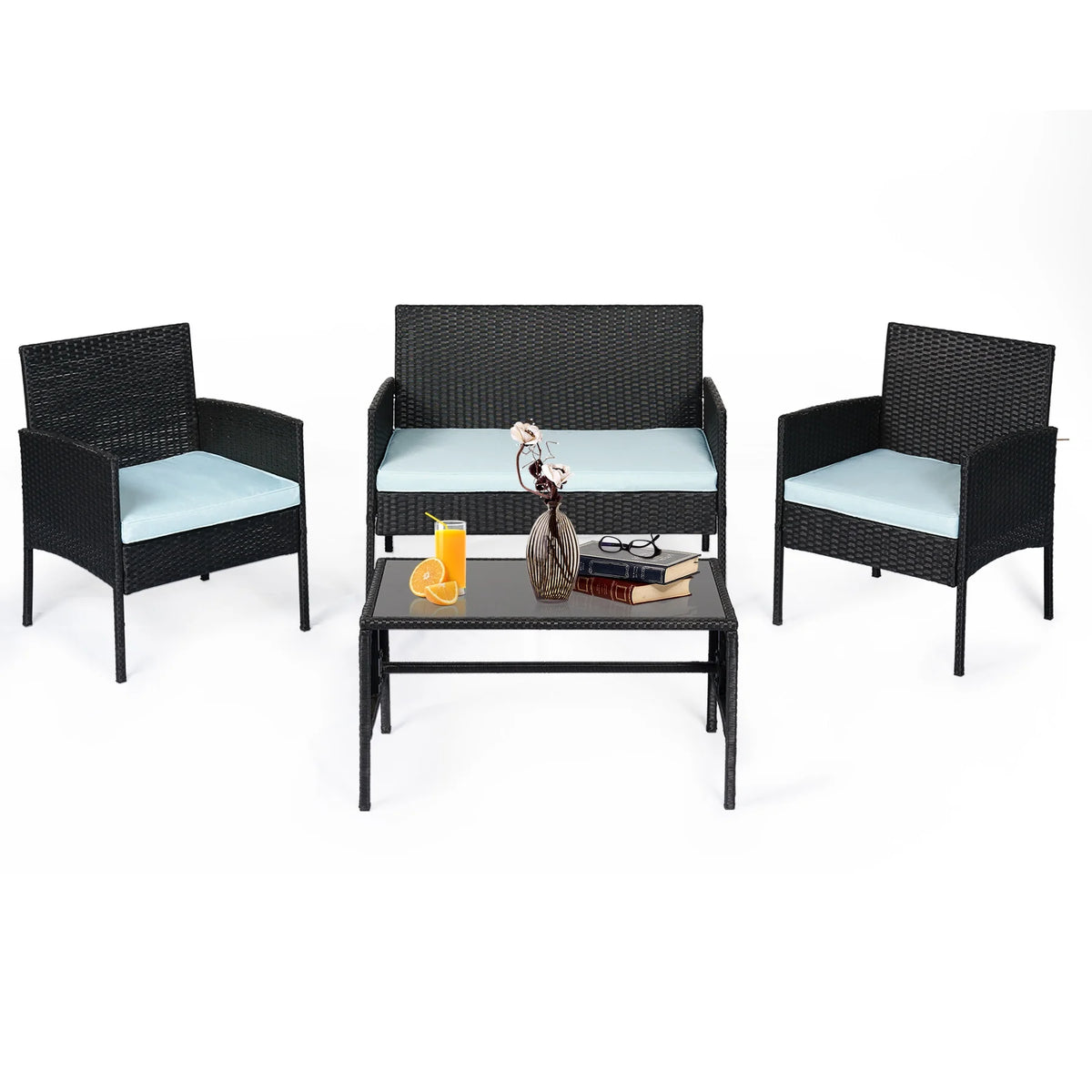 4 Piece Wicker Patio Conversation Set with Glass-Top Coffee Table & Gray Cushions V7590