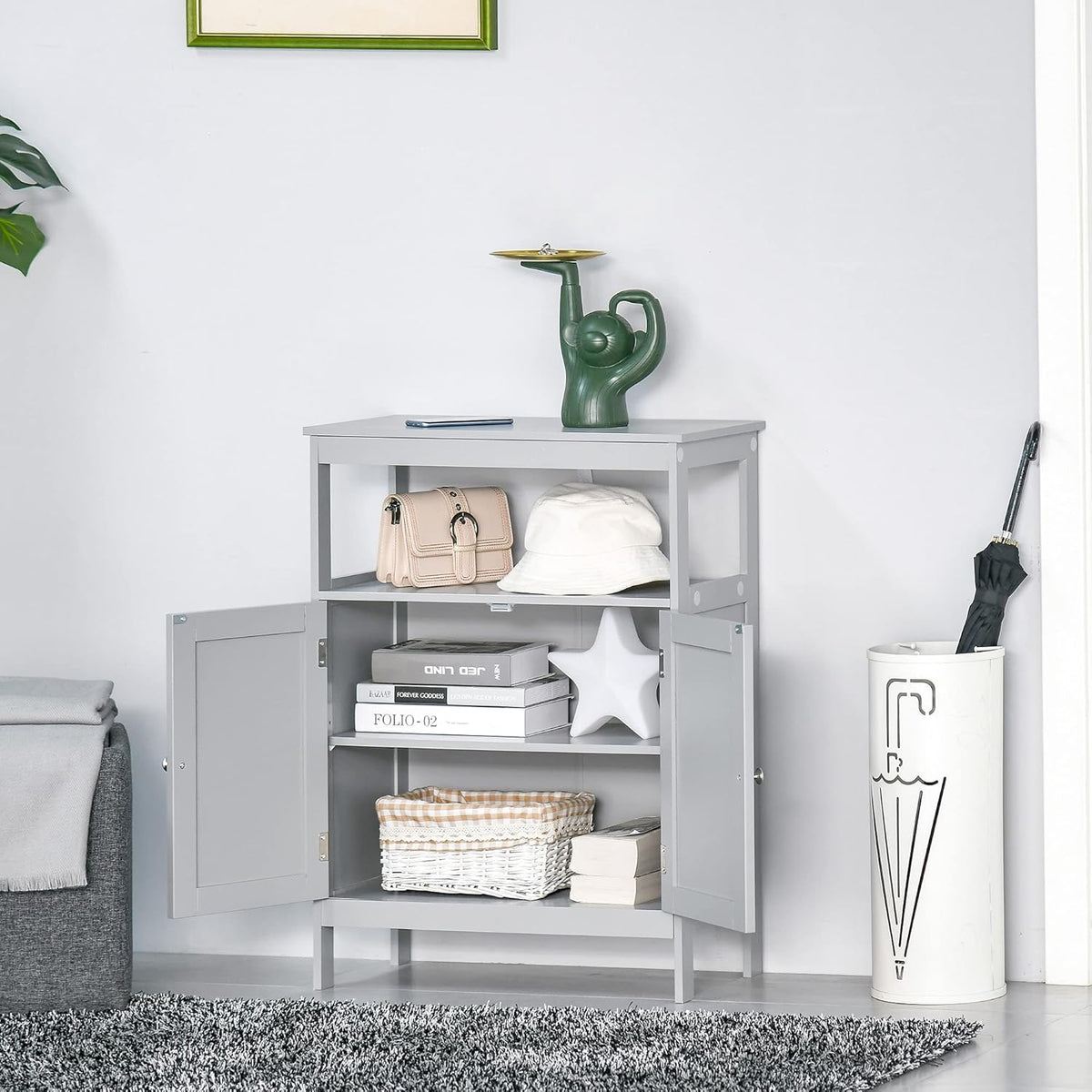 Grey Freestanding Bathroom Storage Cabinet with Doors and Open Shelf E403043