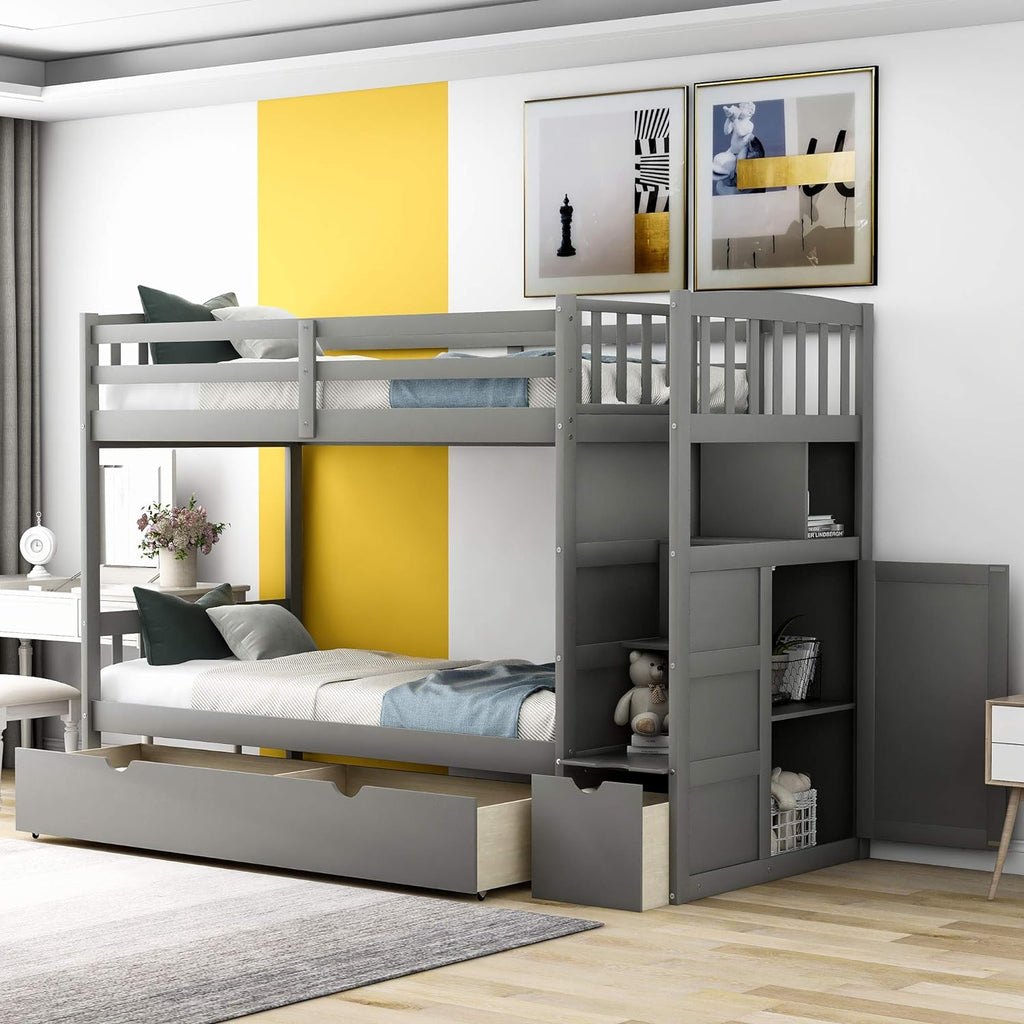 Twin Over Twin Wood Bunk Bed with Slide and Storage Staircase Q384
