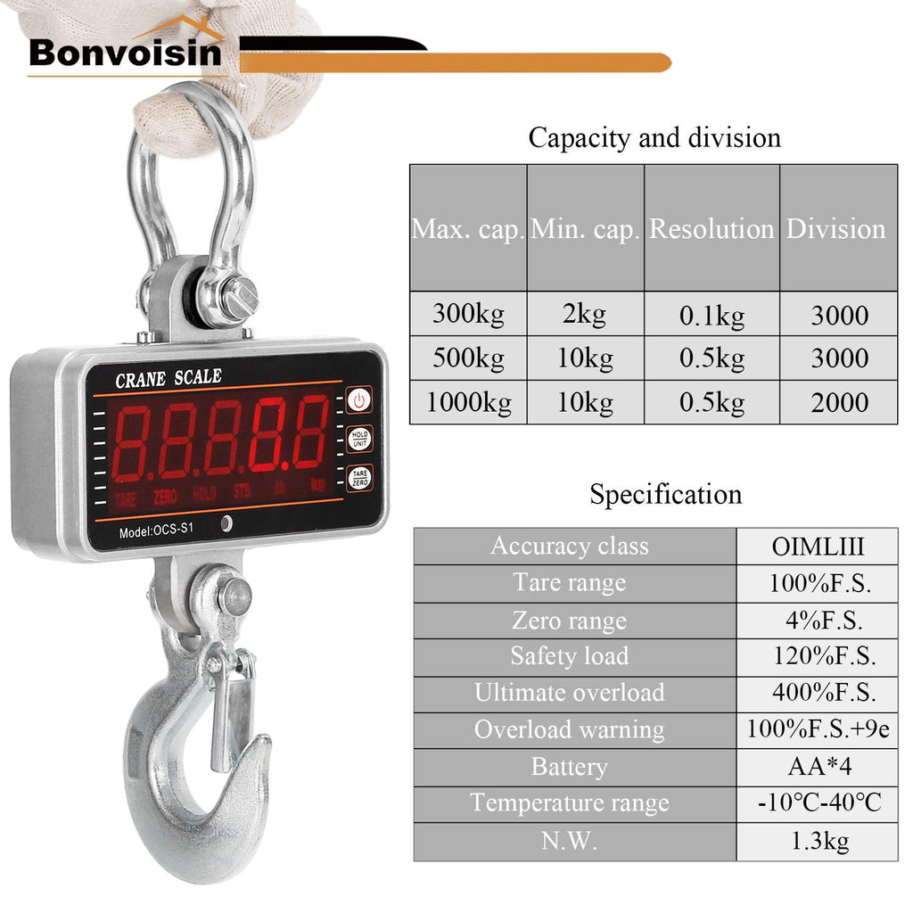 Digital Crane Scale 1000kg/2000lb Heavy Duty Hanging Scale with Remote Control LED Display U45204