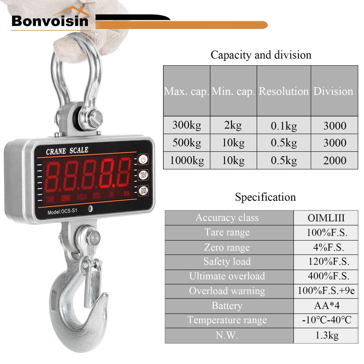 Digital Crane Scale 1000kg/2000lb Heavy Duty Hanging Scale with Remote Control LED Display U45204