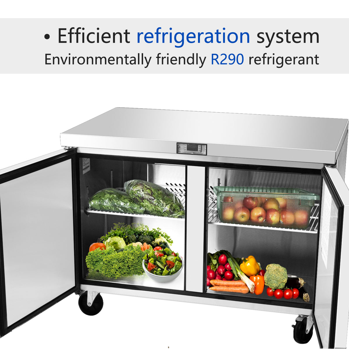Commercial 2 Door Undercounter Refrigerators, 17 Cu. Ft Side by Side Stainless Steel Worktop Fridge S465