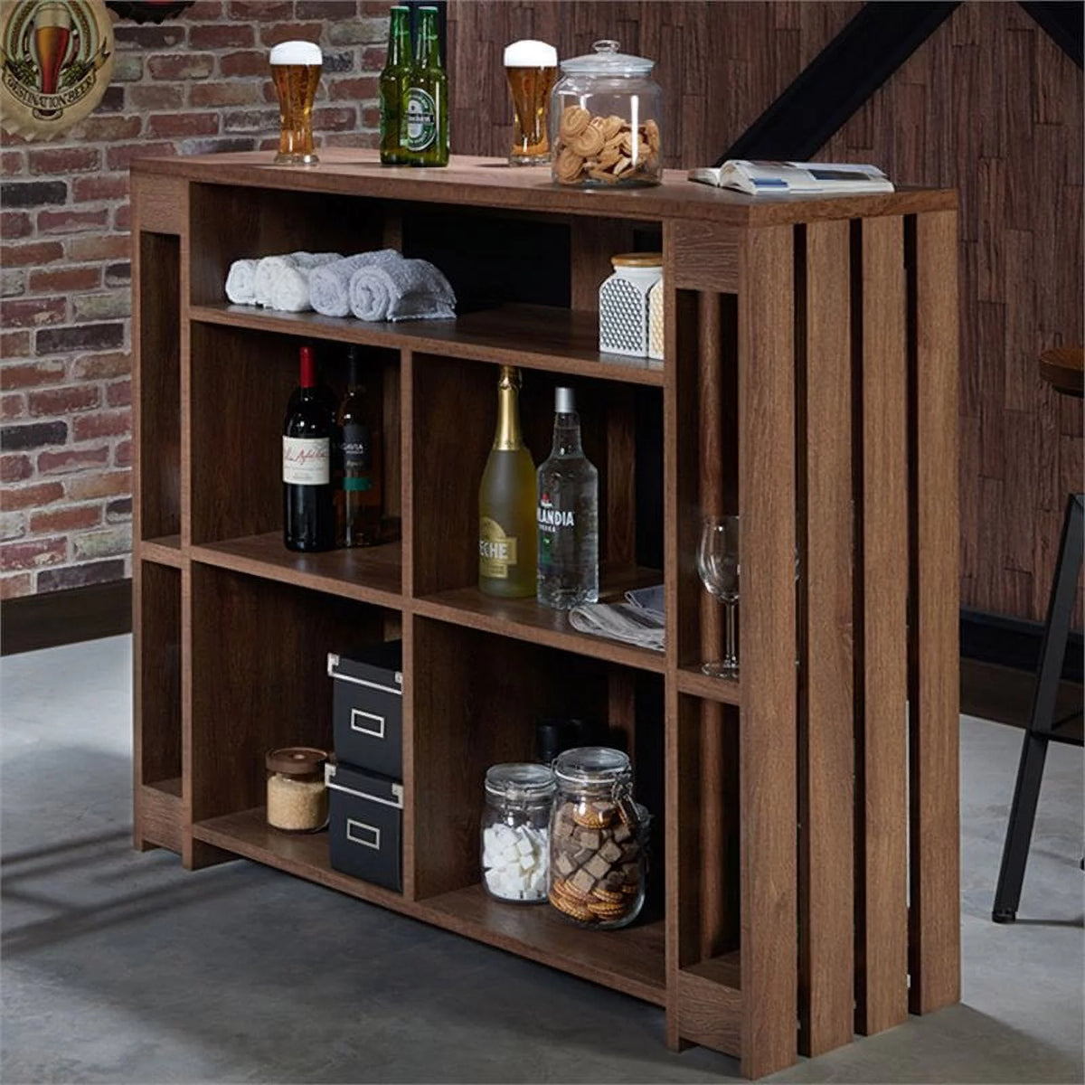 Contemporary Wood 9-Shelf Bar Cabinet in Walnut P61333