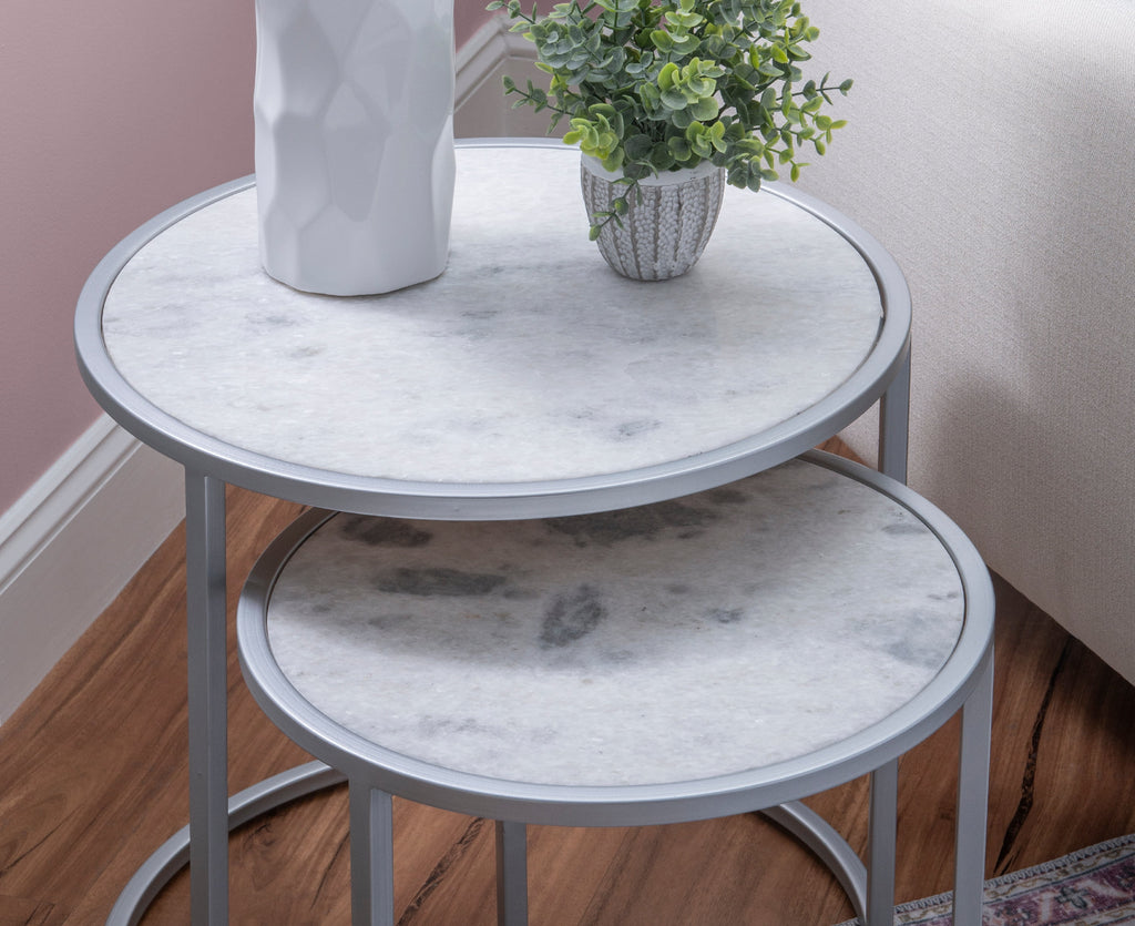 Round Nesting Tables Set of 2 Silver Metal White Marble Tops Y16648