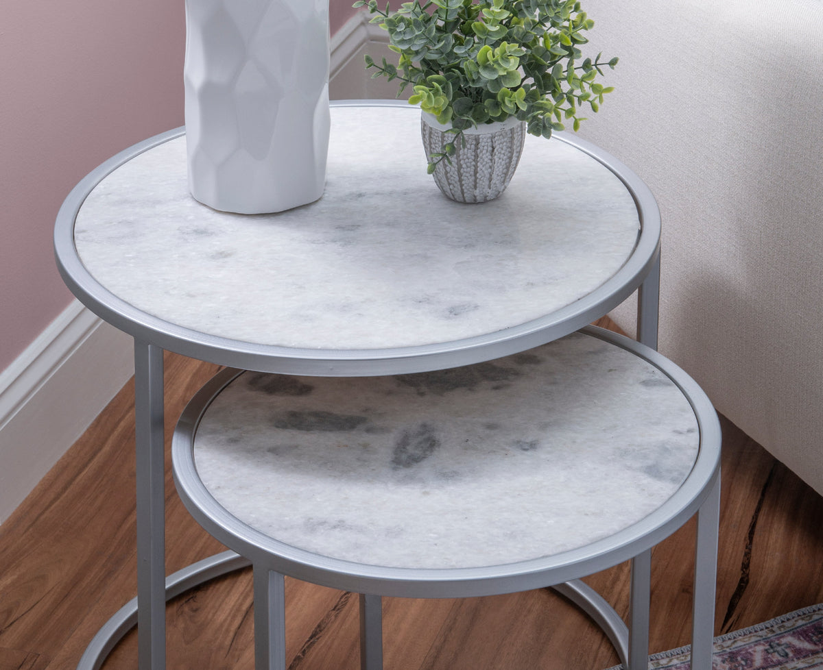 Round Nesting Tables Set of 2 Silver Metal White Marble Tops Y16648