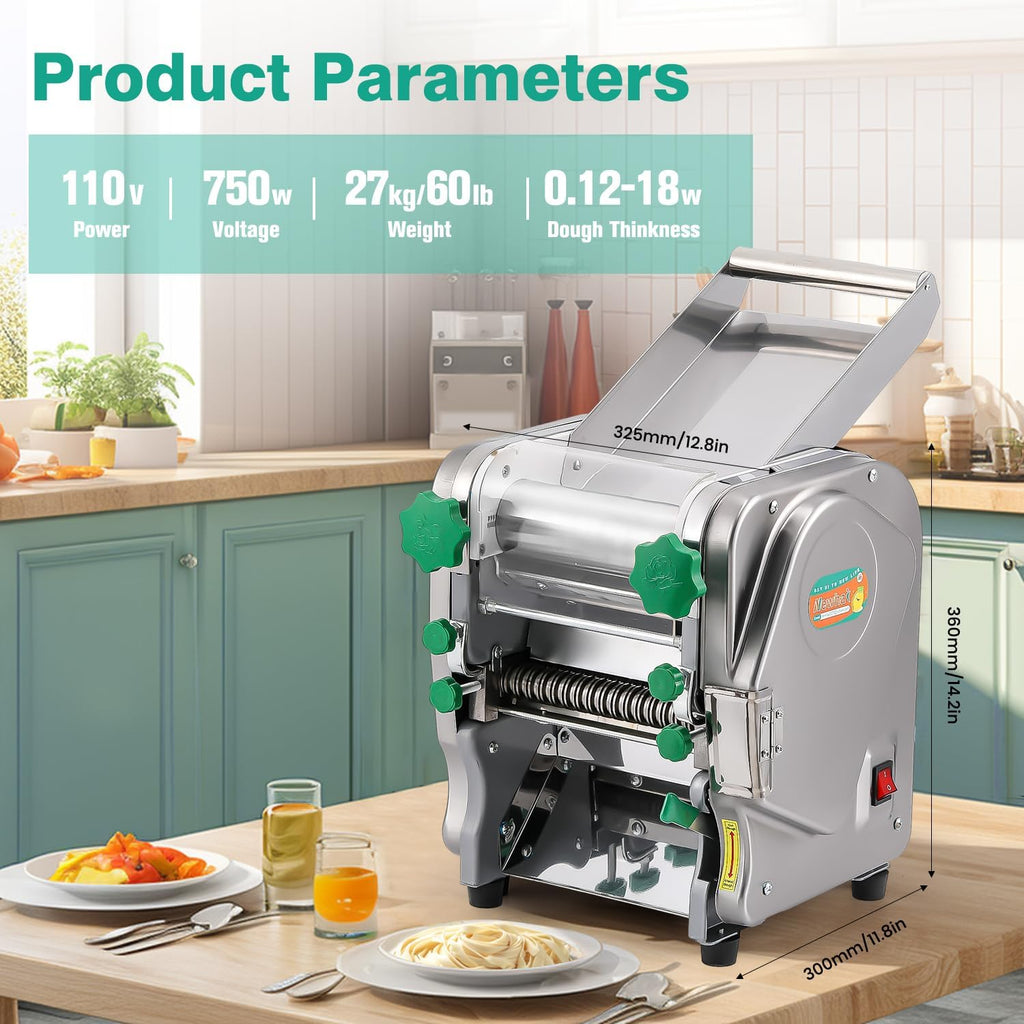 Commercial Electric Pasta Maker 2-in-1 Automatic Noodle Machine Thickness Adjustable 2mm 6mm Noodle Heavy Duty Dough Roller Pressing Machine 750W W904106