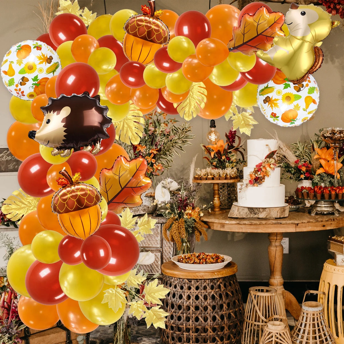 Orange Brown Gold Balloons Arch Garland Kit with Maple Leaves U1286