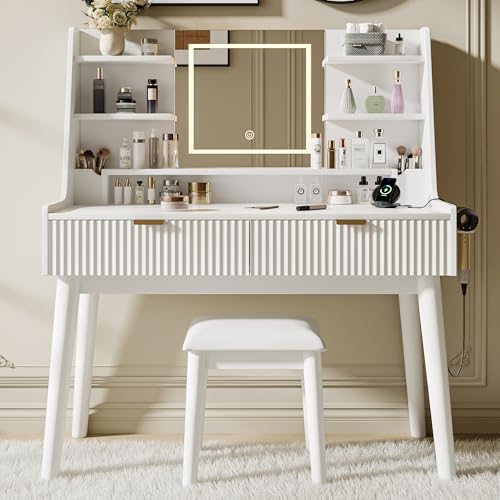 White Vanity Desk with Mirror and LED Lights P2740