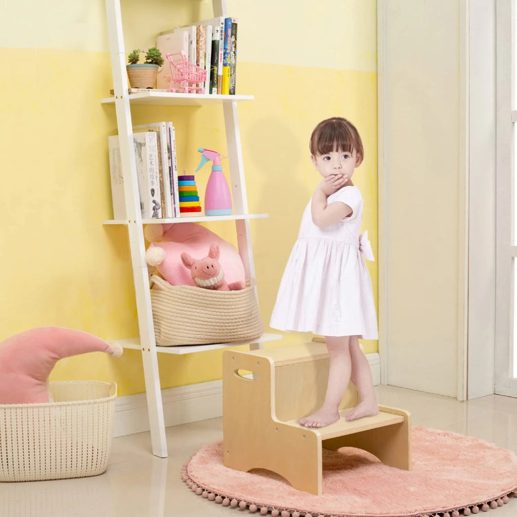Natural Wooden Two Step Stool with Handles and Non-Slip Pads Q86180