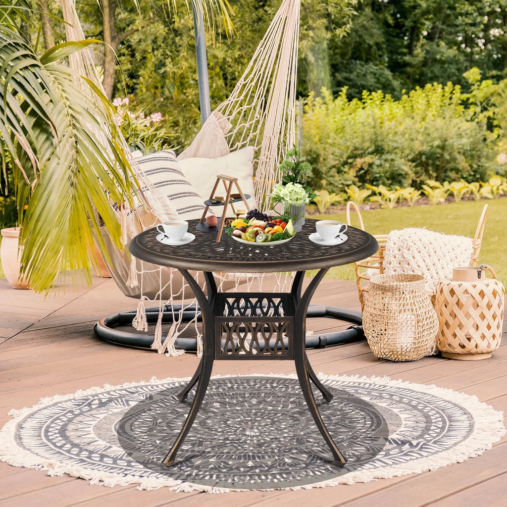 35" Round Cast Aluminum Outdoor Dining Table with Umbrella Hole G321621