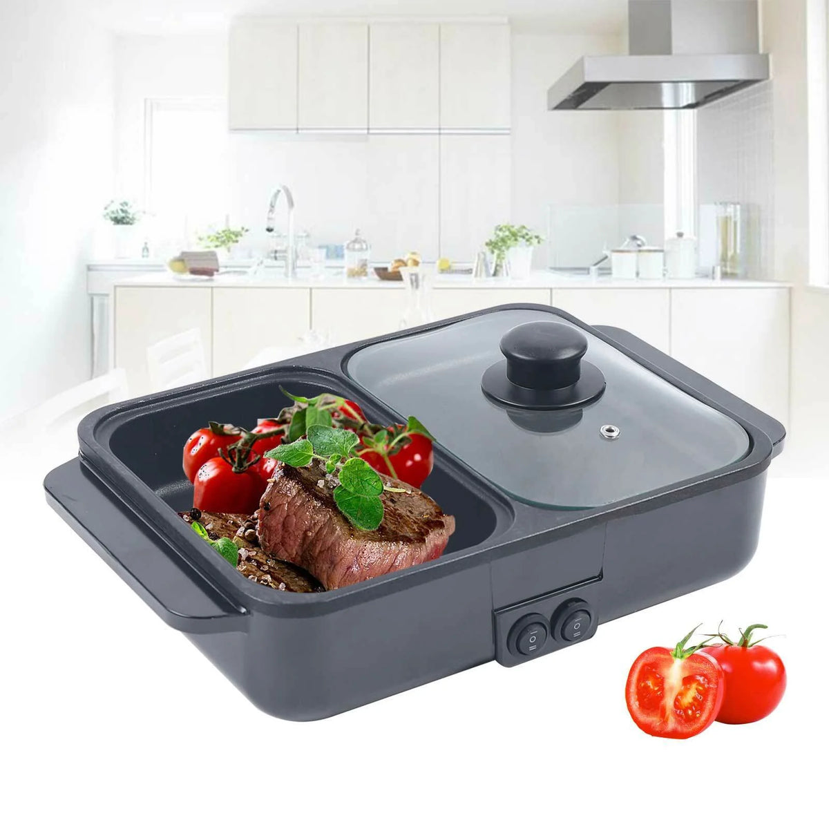 2-in-1 Electric Hot Pot BBQ Grill Smokeless Cooking Pan 1200W P420771