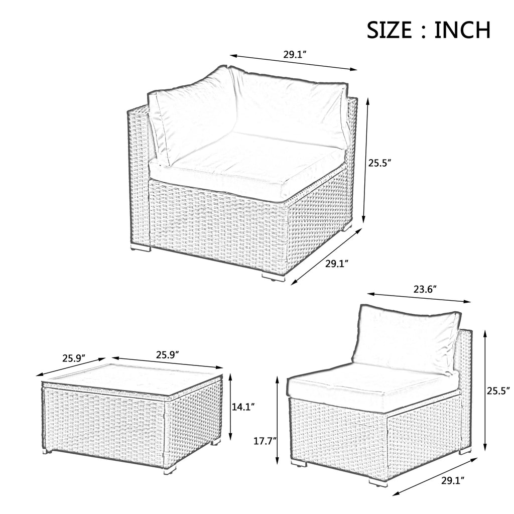 7 Piece PE Rattan Patio Furniture Set with Cushions and Glass Coffee Table Q19409