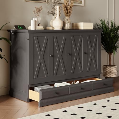 Queen Size Murphy Bed Cabinet with Charging Station and Storage Drawer B686645