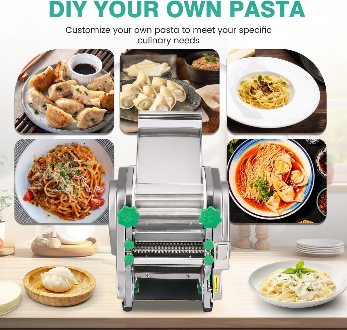 Commercial Electric Pasta Maker 2-in-1 Automatic Noodle Machine Thickness Adjustable 2mm 6mm Noodle Heavy Duty Dough Roller Pressing Machine 750W W904106