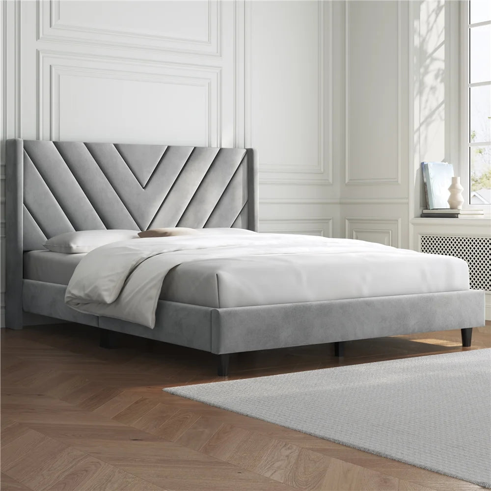 Queen Upholstered Platform Bed with Slat Support I197
