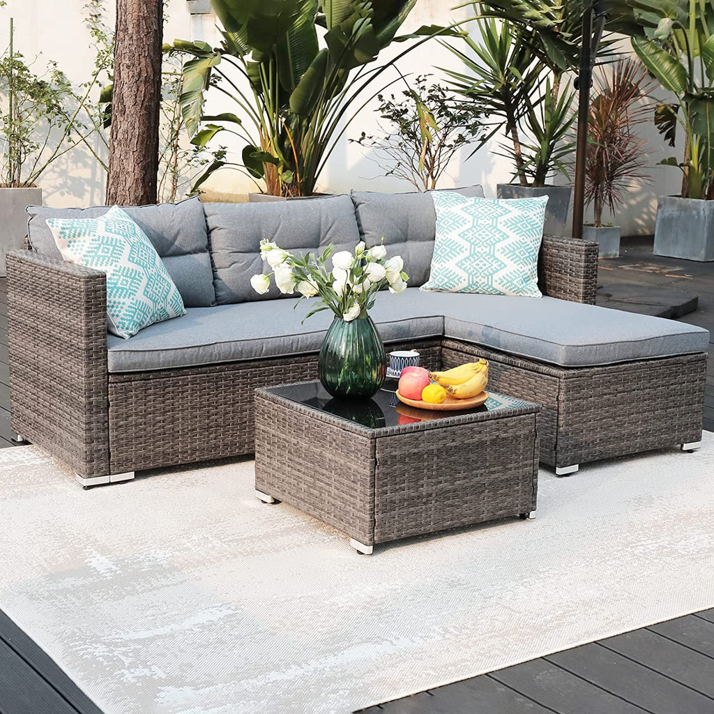 5-Piece Grey Rattan Outdoor Sectional Sofa Set with Glass Coffee Table G8082