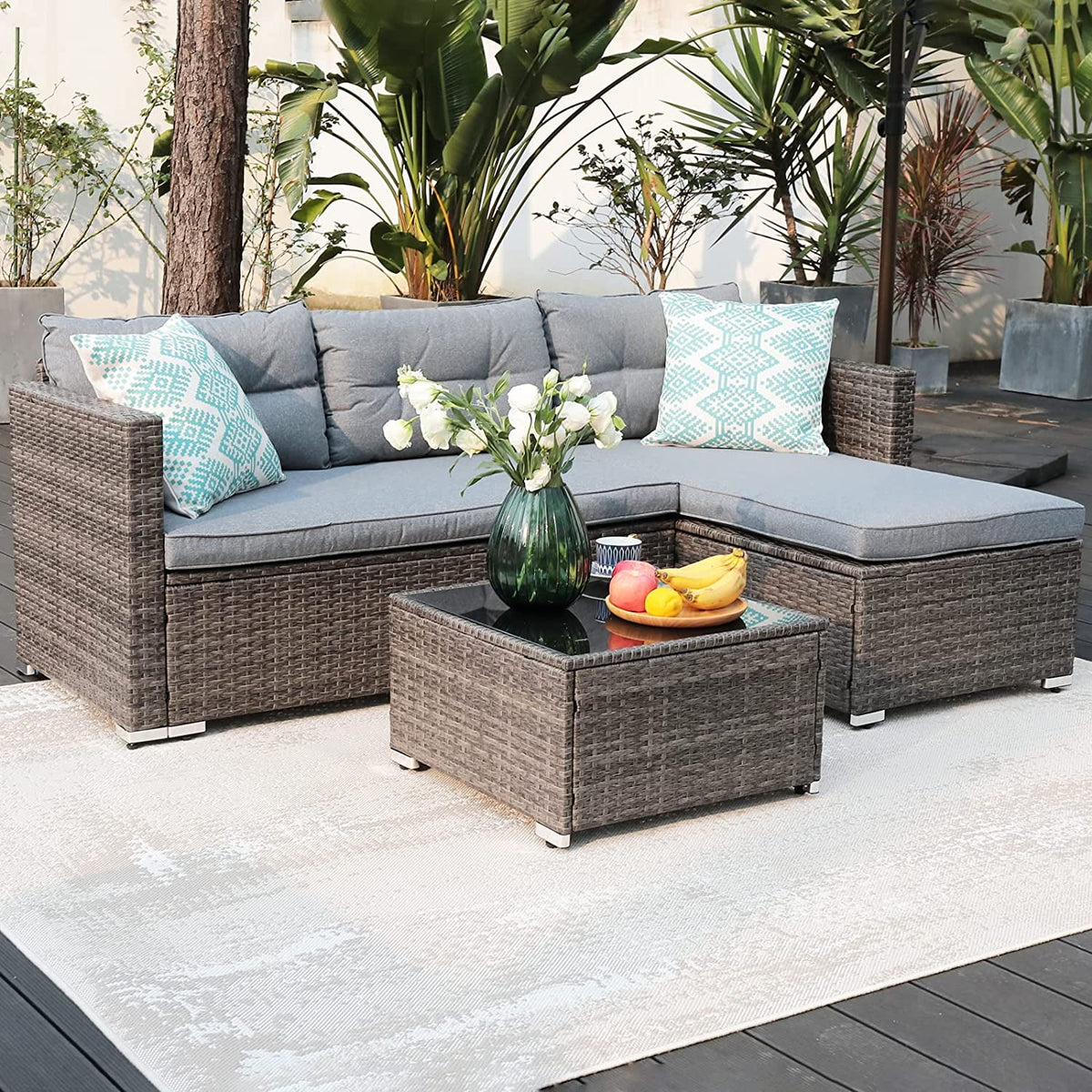 5-Piece Grey Rattan Outdoor Sectional Sofa Set with Glass Coffee Table G8082