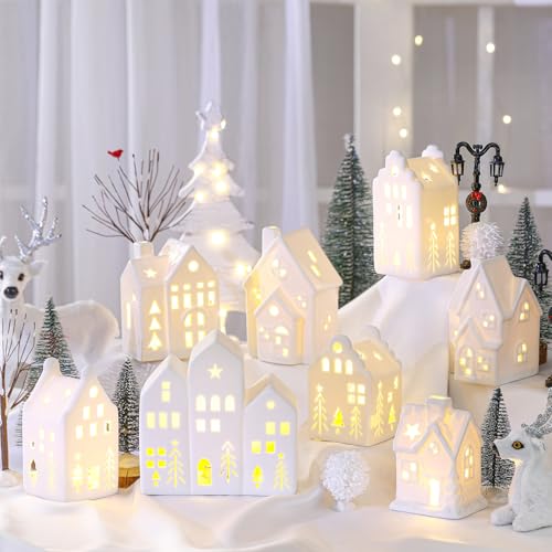 26 Pcs Ceramic Christmas Village Set with LED Houses Z48344