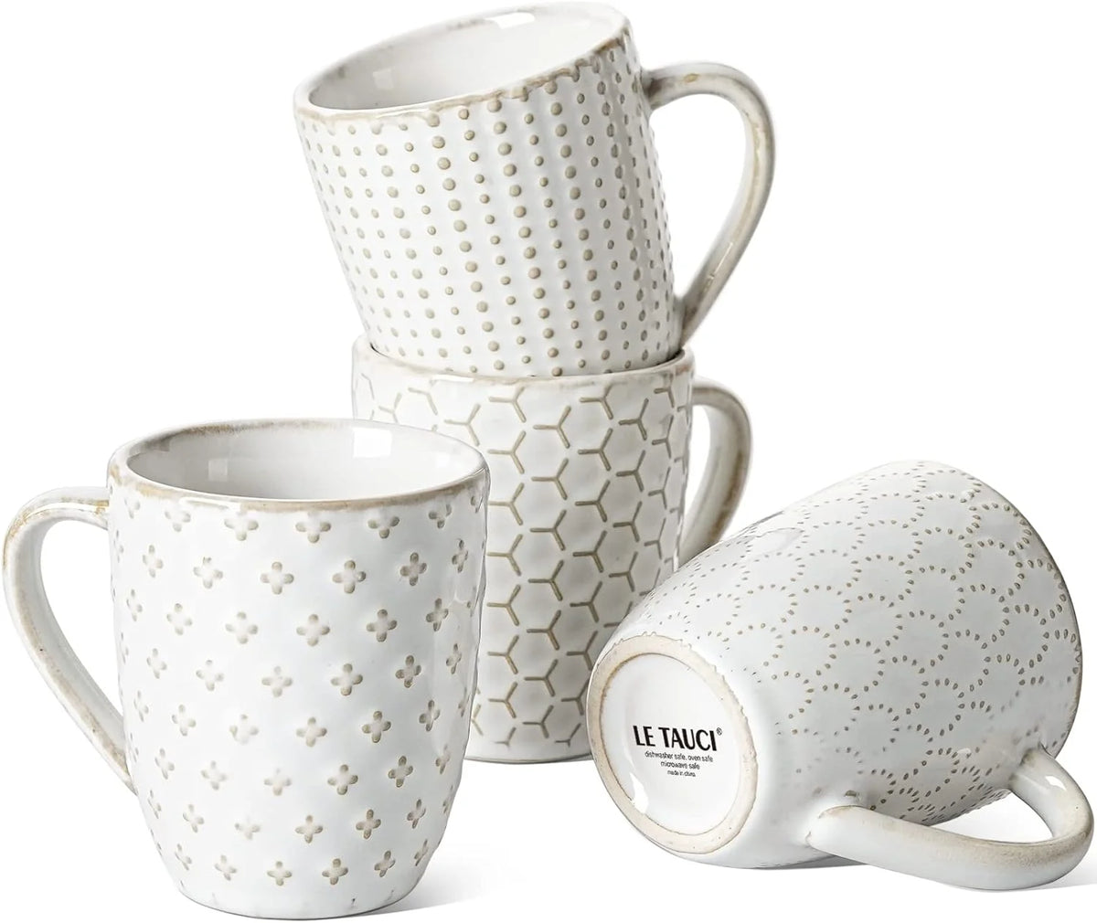 Ceramic Coffee Mugs 12 oz Embossment Set of 4 Arctic White L727076