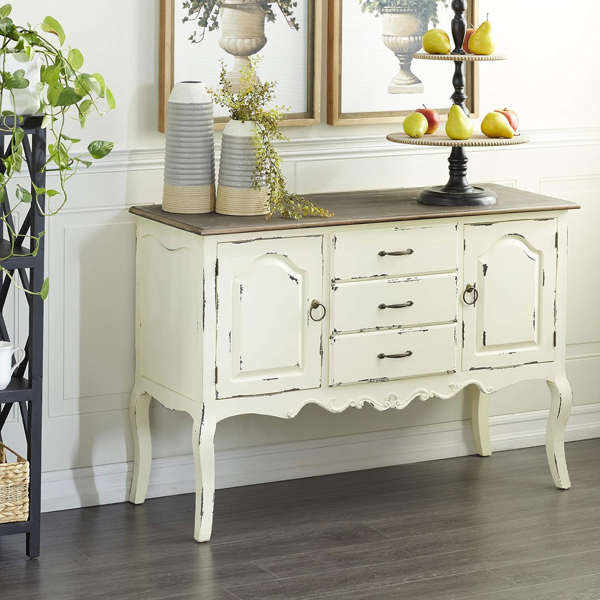 Beige & Brown Wood Cabinet with 3 Drawers and 2 Cabinets N80541