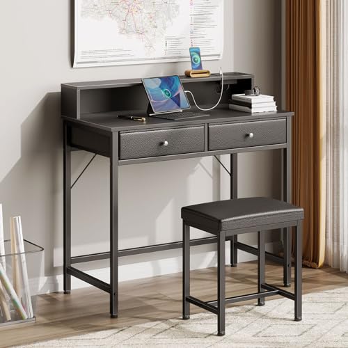 Black Vanity Desk with Drawers and Charging Station U438