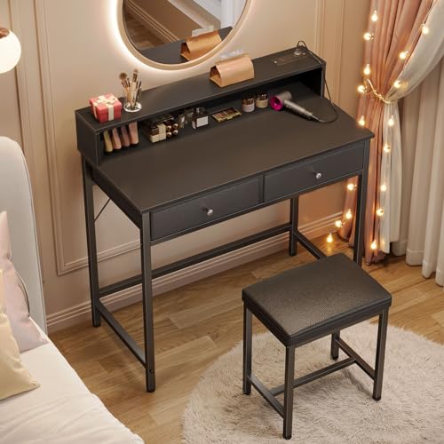 Black Vanity Desk with Drawers and Charging Station U438