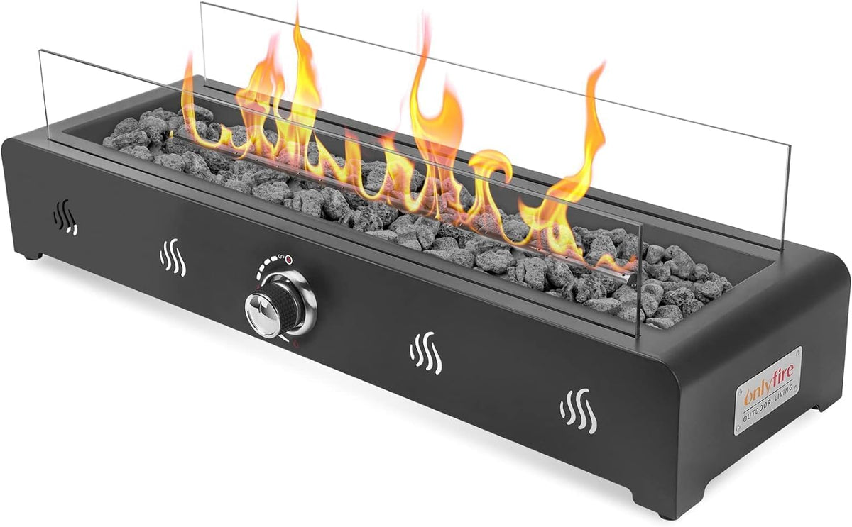 28 Inch Tabletop Gas Fire Pit with Glass Wind Guard and Lava Rock D2745