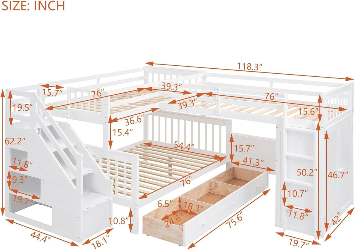White Solid Wood L-Shaped Bunk Bed with 3 Drawers Wardrobe and Desk M67238