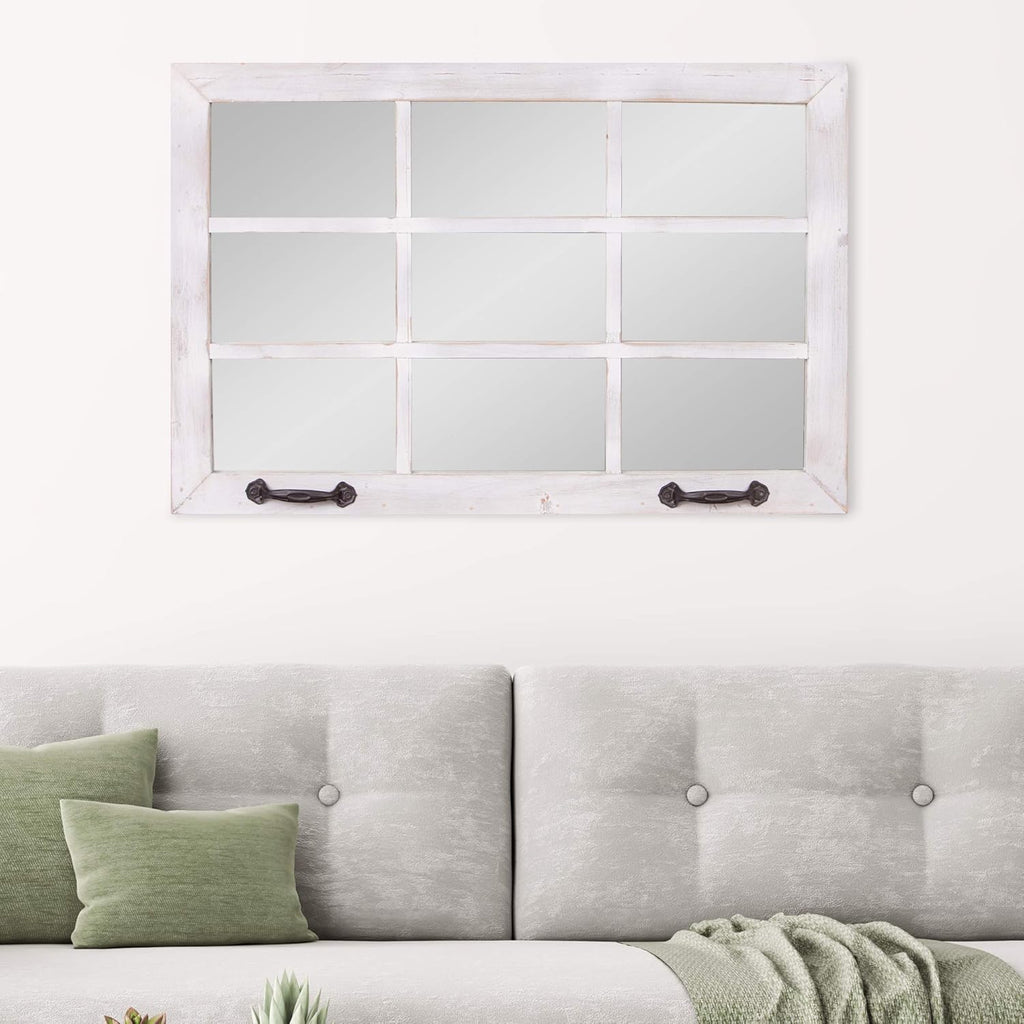 Distressed White Windowpane Wall Accent Mirror Q52305