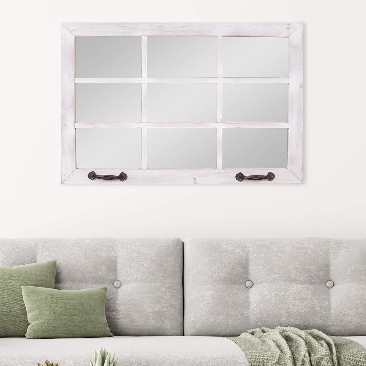 Distressed White Windowpane Wall Accent Mirror Q52305