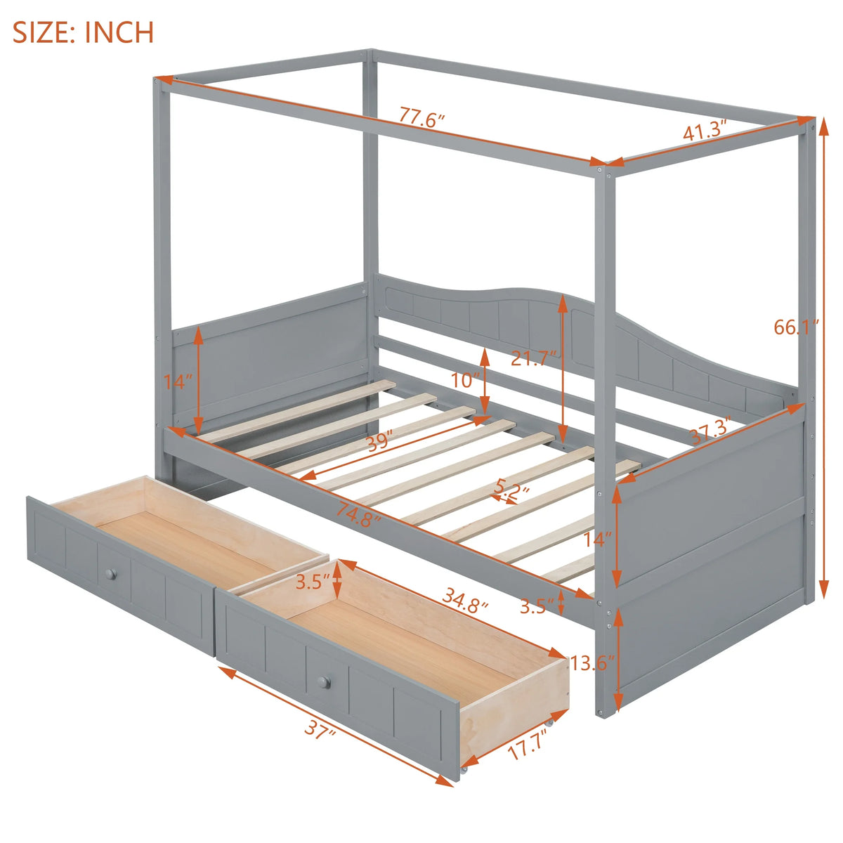Twin Size Canopy Day Bed with 2 Drawers D61222
