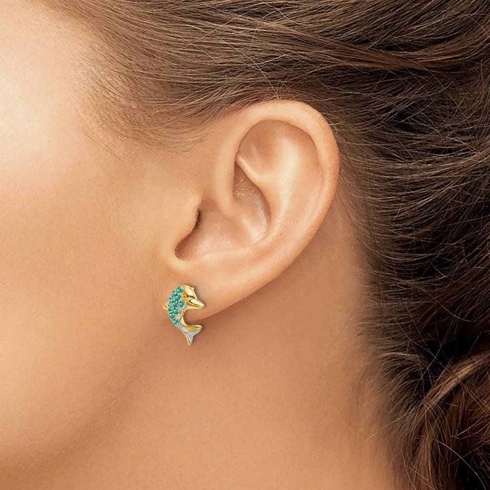 14k Yellow Gold Rhodium Marquise Emerald and Diamond Dolphin Stud Earrings E125