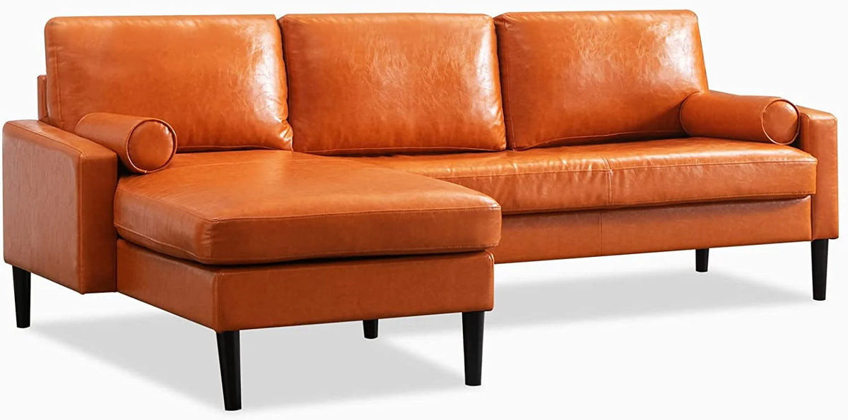 Convertible Sectional Sofa with Reversible Chaise, 3 Seat Faux Leather L-Shape Sofa with 2 Cylindrical Pillows K25461