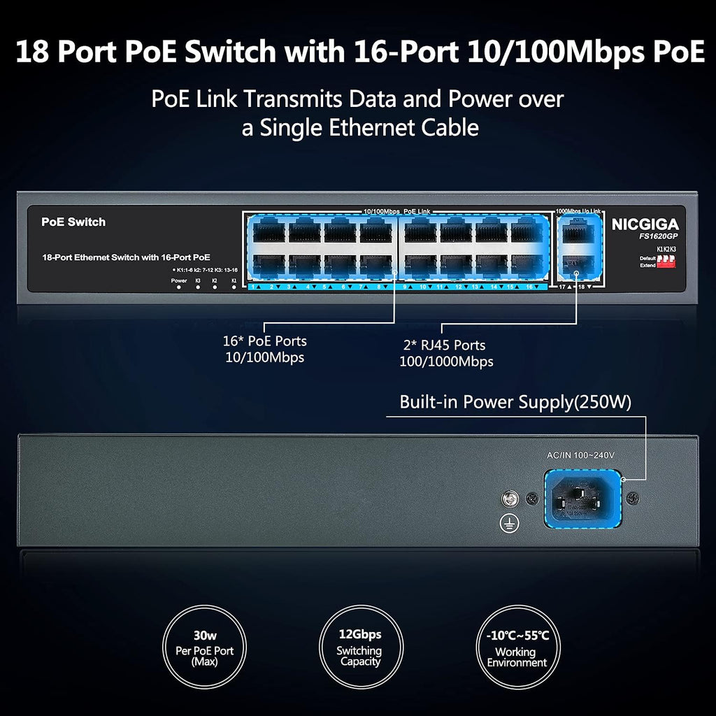 16 Port PoE Switch with 2 Gigabit Uplink I741725