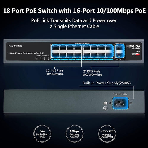 16 Port PoE Switch with 2 Gigabit Uplink I741725