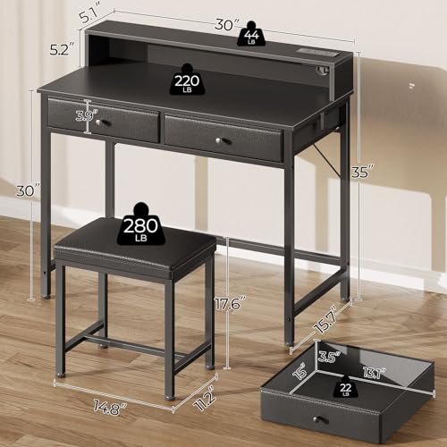 Black Vanity Desk with Drawers and Charging Station U438