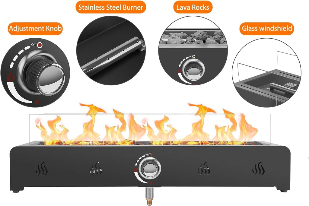 28 Inch Tabletop Gas Fire Pit with Glass Wind Guard and Lava Rock D2745