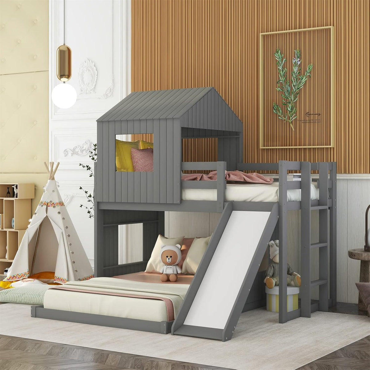 Twin Over Twin Wood Bunk Bed with Slide and Storage Staircase Q384