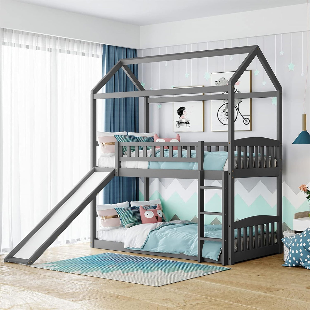 Twin Over Twin Wood Bunk Bed with Slide and Storage Staircase Q384