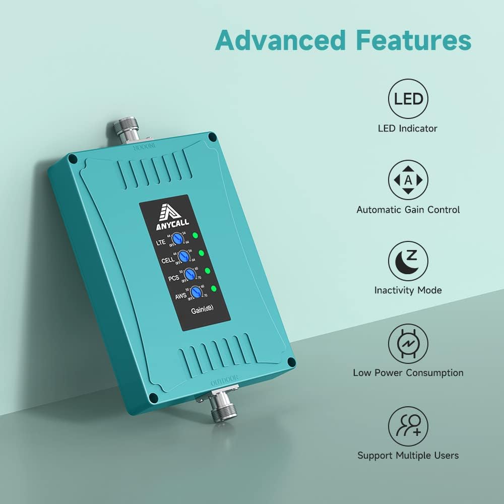 Cell Phone Signal Booster Metal Body Band 2 4 5 12 13 17 Boosts Voice Data 4G LTE 5G up to 4,500 sq ft B542