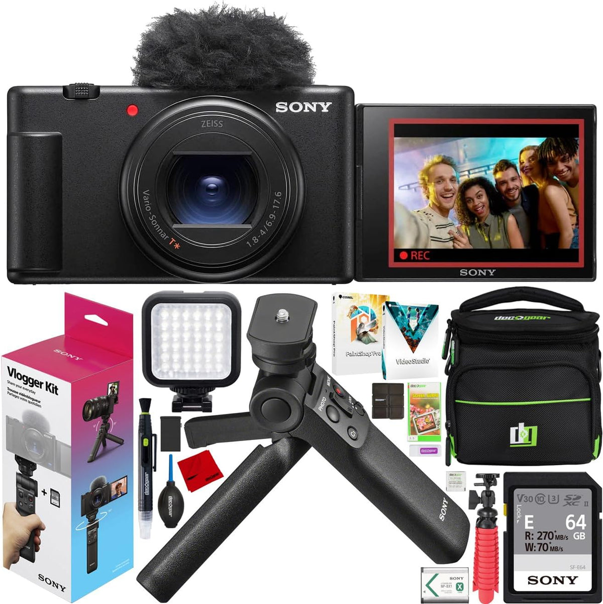 Black 4K Video 20.1MP Vlog Camera with Tripod/Grip, Case, LED, 64GB Card J411