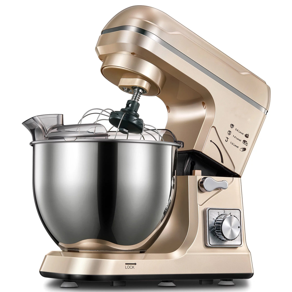5.5QT Tilt-Head Stand Mixer with Dough Hook, Whisk & Beater, Gold Y234469