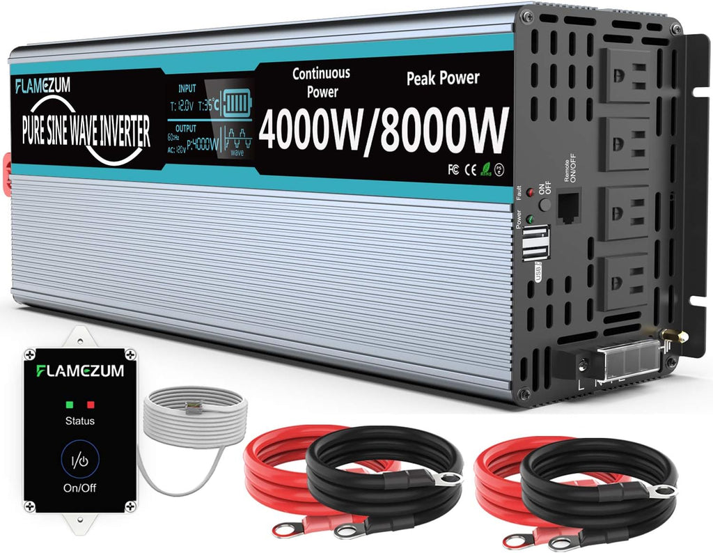 Pure Sine Wave Power Inverter 4000Watt 12V DC to AC 110V with Remote Control 4 AC Outlets Dual USB Port X95567
