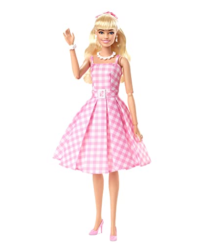 Collectible Doll Wearing Pink and White Gingham Dress with Daisy Chain Necklace V2645