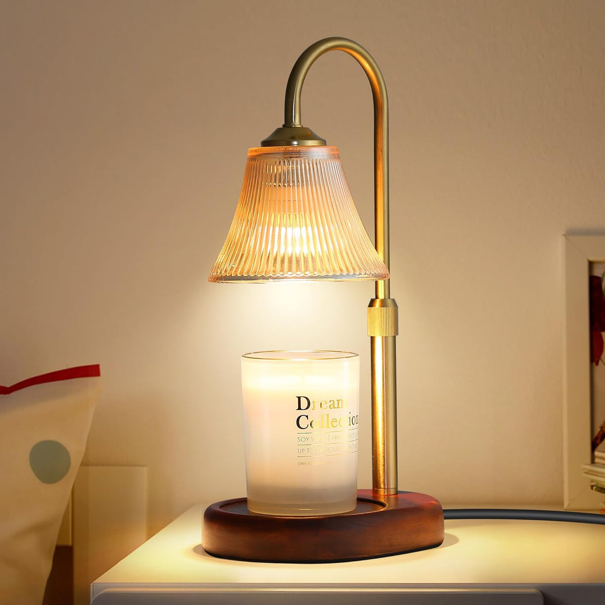Candle Warmer Lamp with Timer & Dimmer, Electric, Vintage Glass Shade, Gold U941